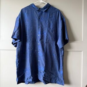 Kahala Button Down Shirt Mens 2XL Blue Jacquard Tropical Floral Hawaiian Aloha